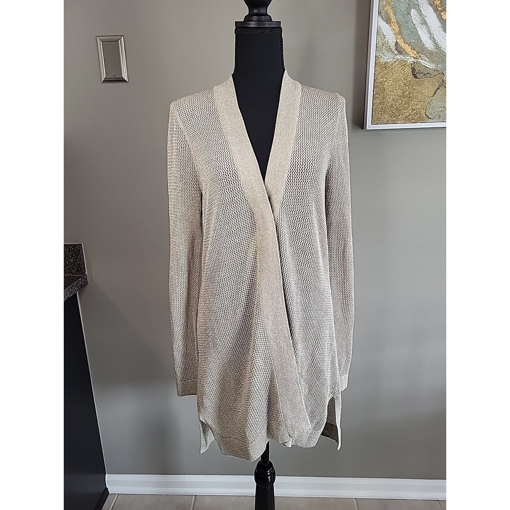 CHICO'S Womens Sparkle Gold Beige Open Knit Cardigan Medium Size 1